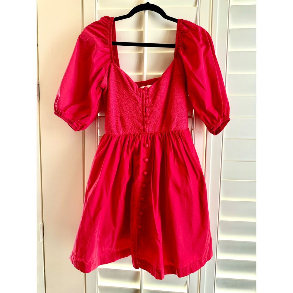Anthropologie Maeve Pink Puff Sleeve Mini Dress Sweetheart Smocked Back Medium